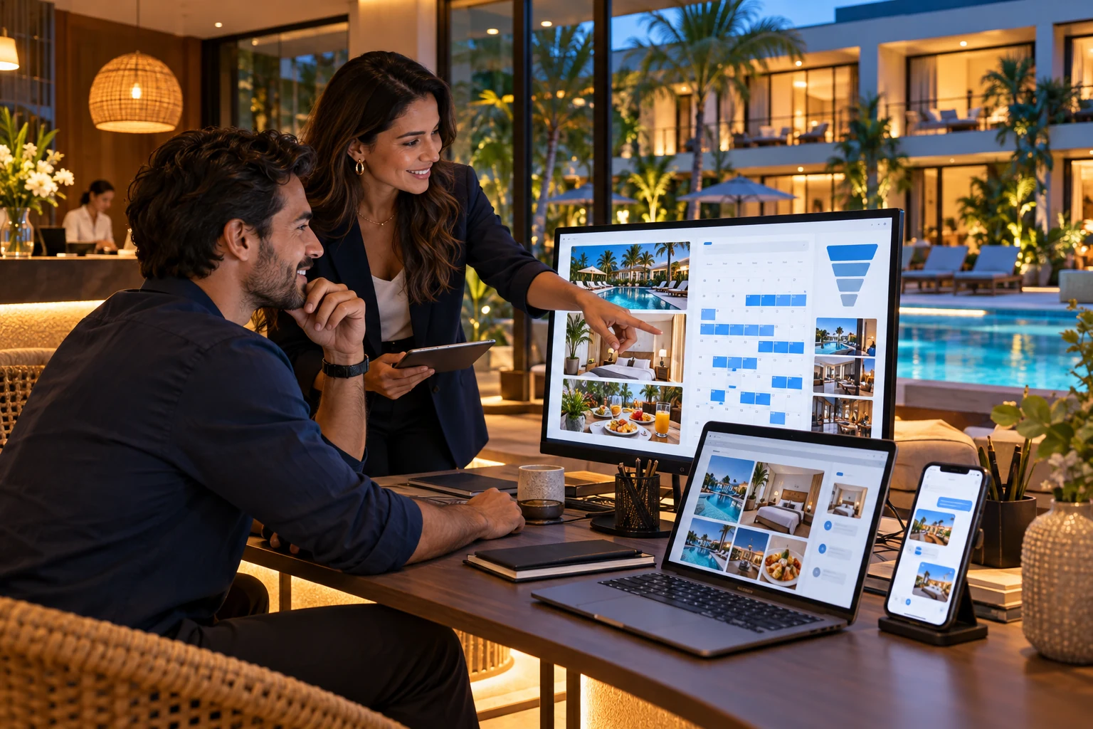 Cena conceitual de marketing e vendas de um hotel, com campanhas e planejamento de reservas